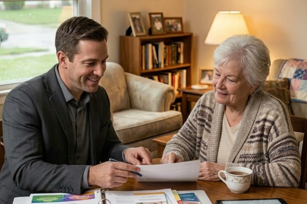 Professional final expense insurance agent meeting with a senior client in a comfortable home setting to discuss life insurance options.